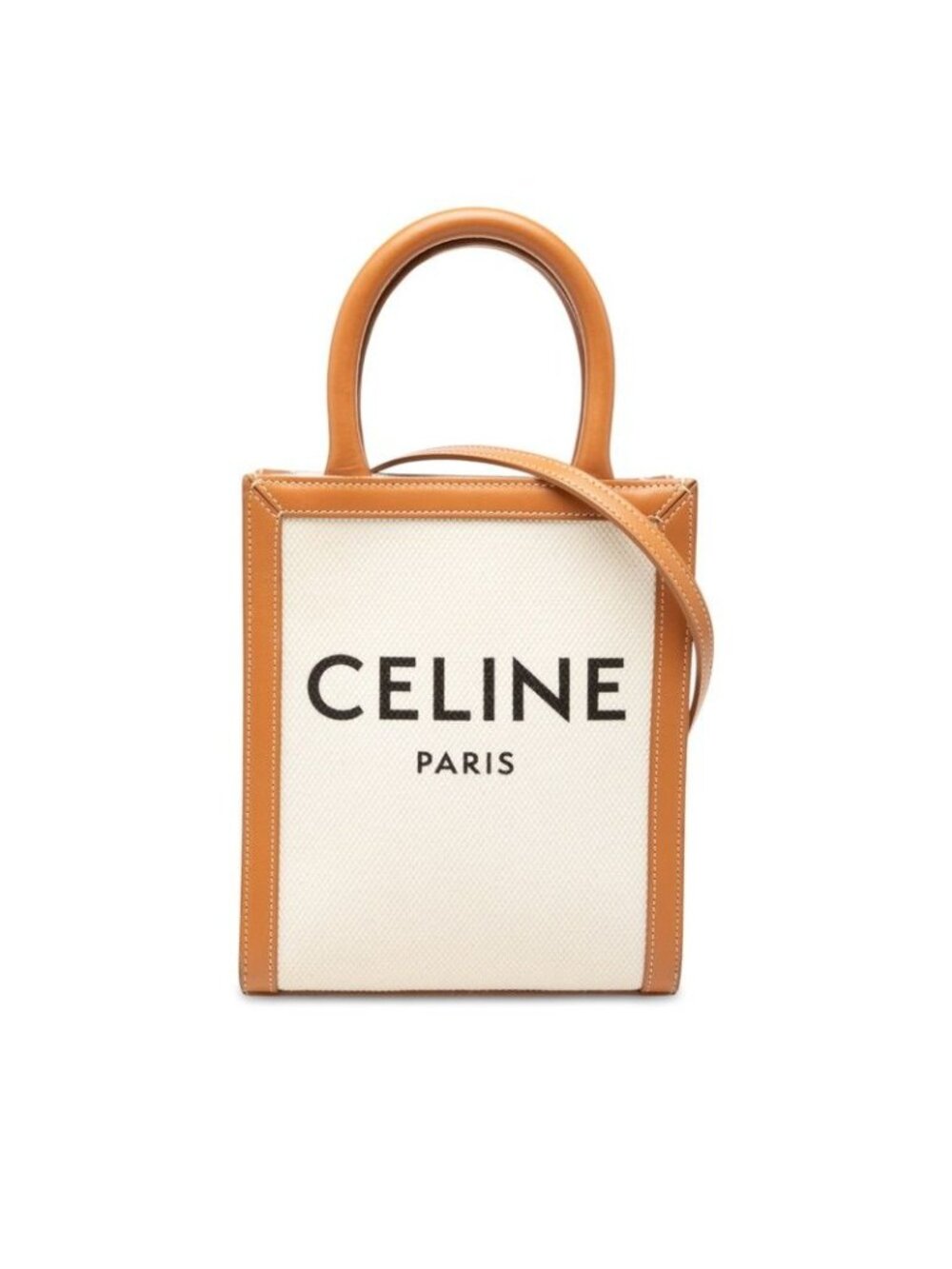 Celine Mini Vertical Cabas 2-Way Shoulder Bag Natural Brown Canvas Leather
